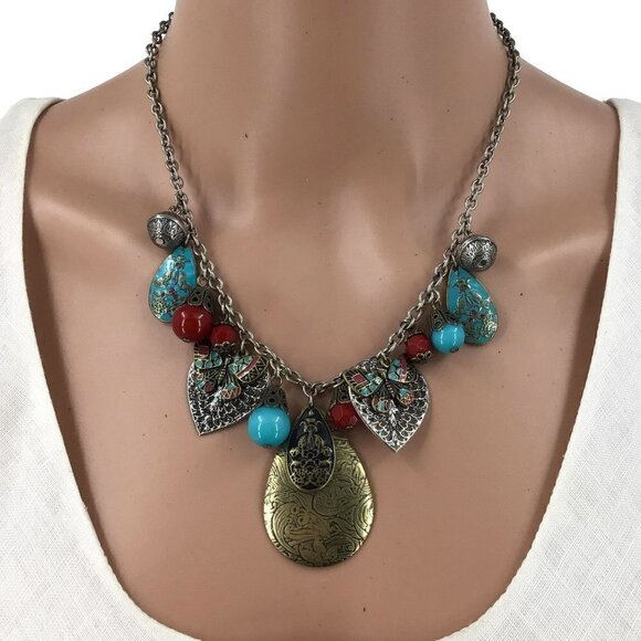 Vintage Claires Necklace Silver Tone Turqoise Gold Tone Beaded Adjustable Length - Picture 1 of 3